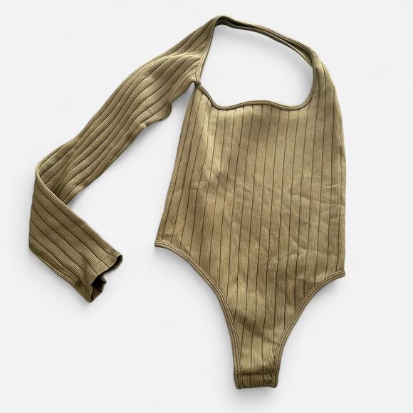 PrettyLittleThing Green Ribbed One-Sleeve Cutout Bodysuit Y2K Soft Grunge Small - Picture 2 of 6